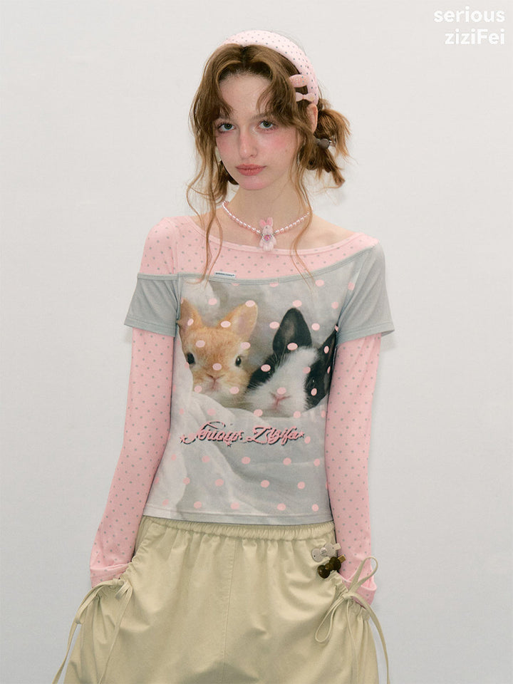 Bunny Graphic Faux-Layered Long Sleeve Tee