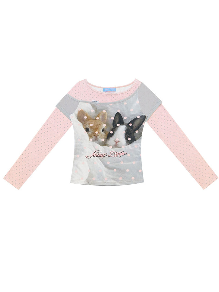 Bunny Graphic Faux-Layered Long Sleeve Tee