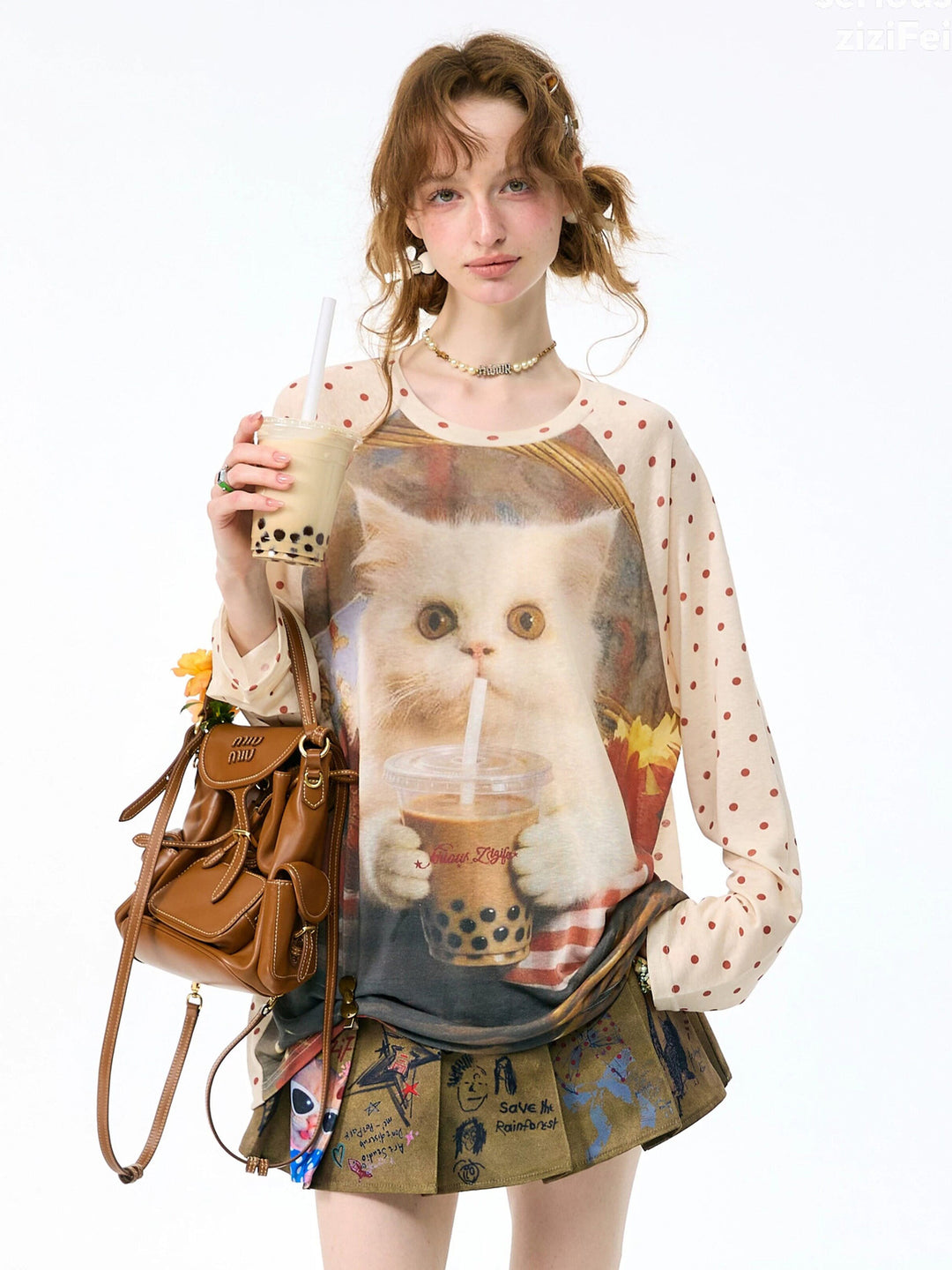 Bubble Tea Cat Graphic Raglan Tee