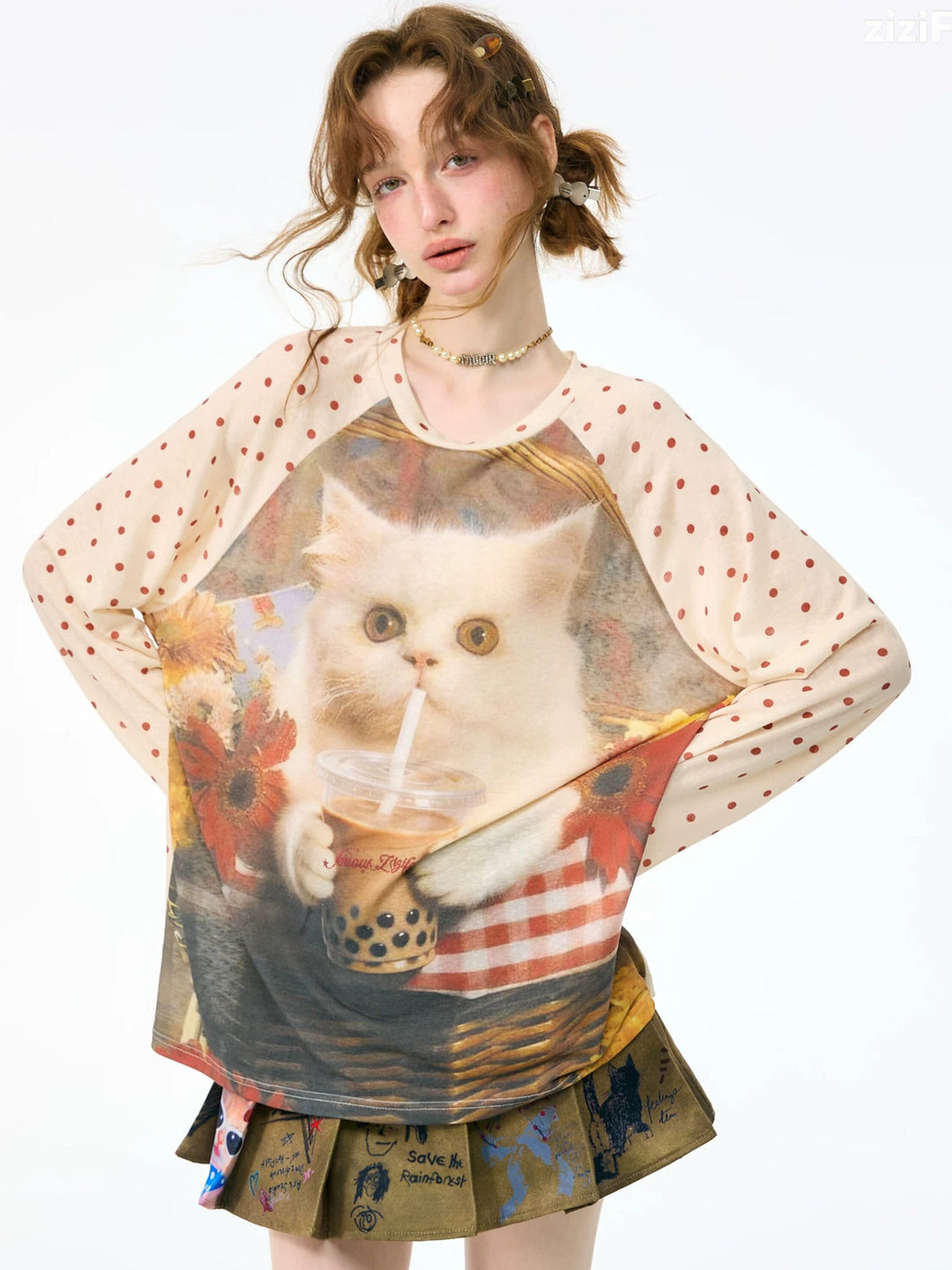 Bubble Tea Cat Graphic Raglan Tee