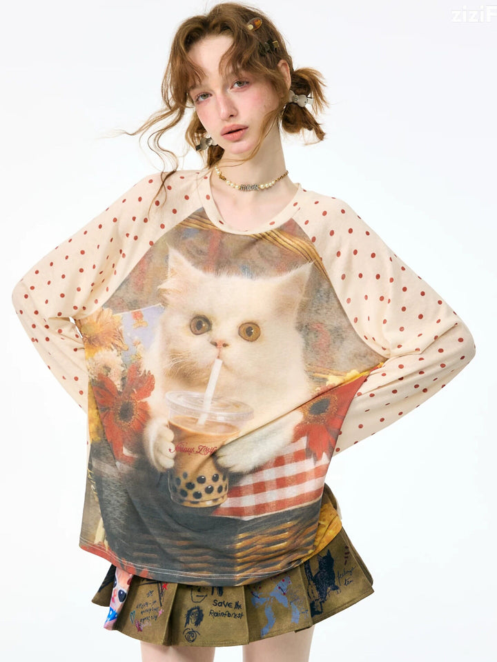 Bubble Tea Cat Graphic Raglan Tee