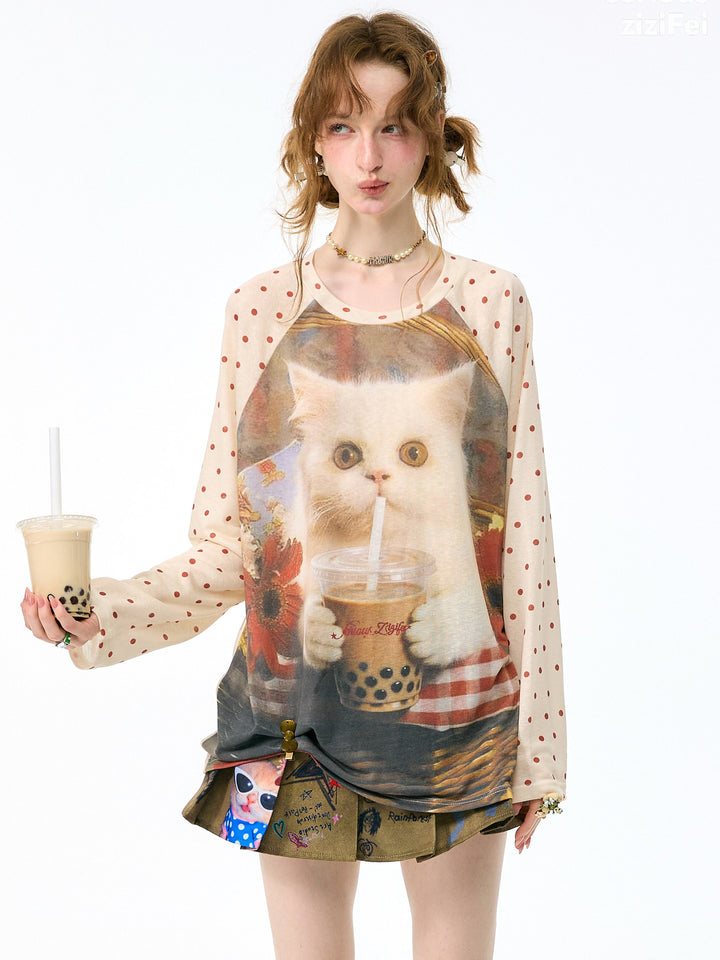 Bubble Tea Cat Graphic Raglan Tee