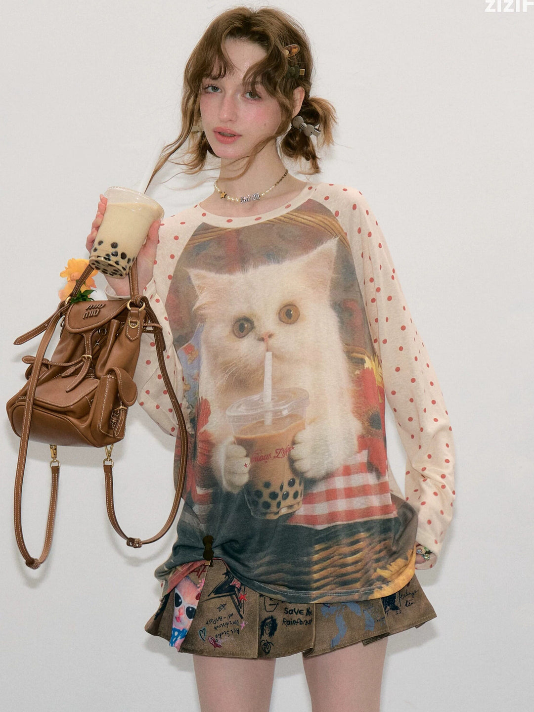 Bubble Tea Cat Graphic Raglan Tee