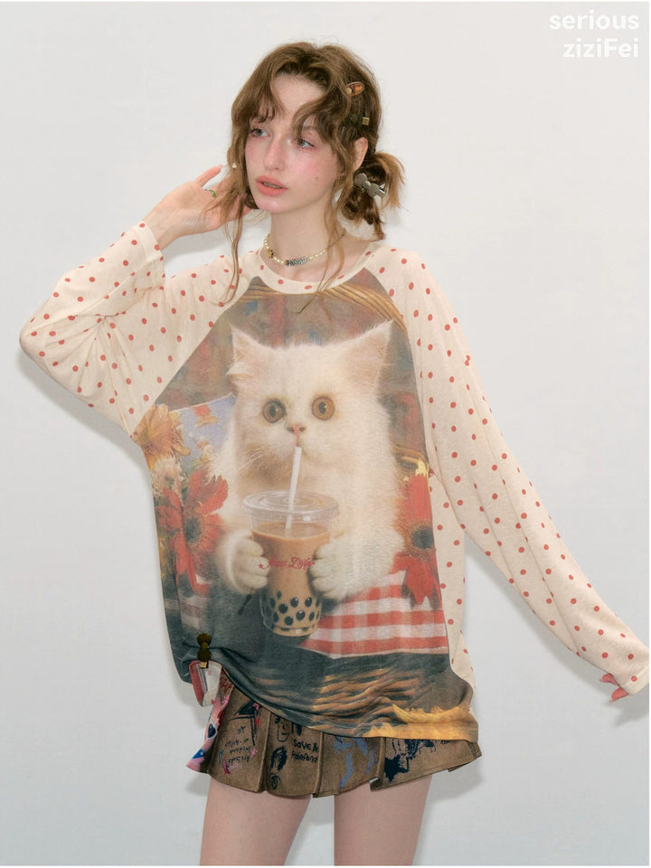 Bubble Tea Cat Graphic Raglan Tee