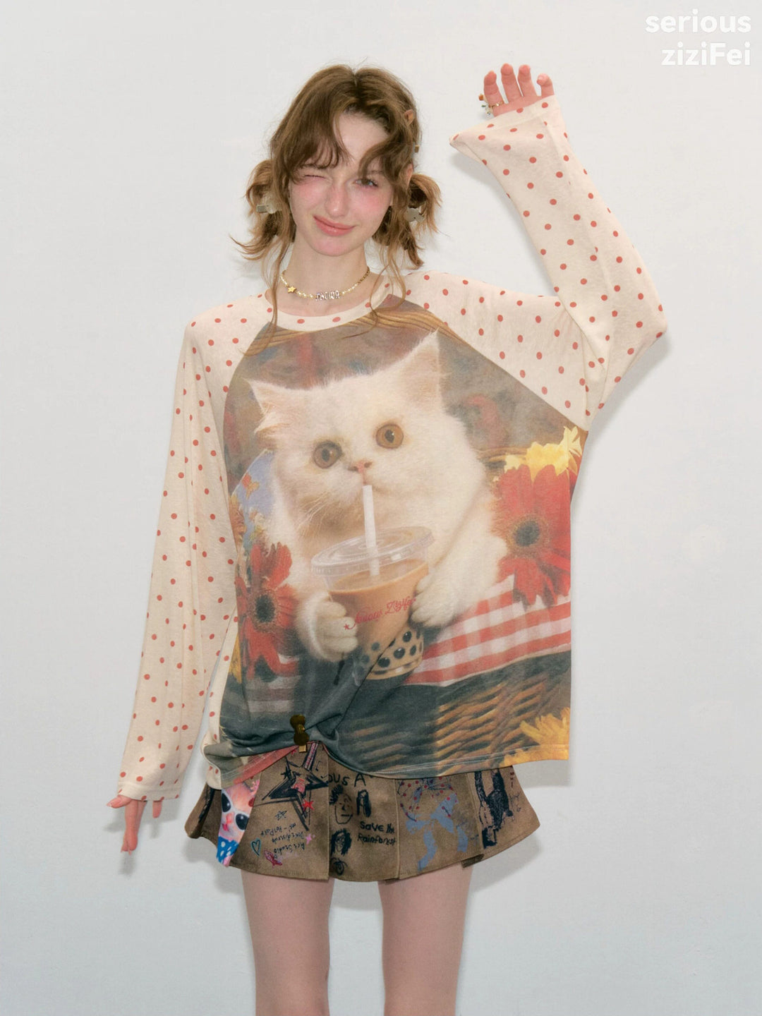 Bubble Tea Cat Graphic Raglan Tee