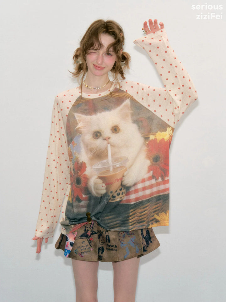 Bubble Tea Cat Graphic Raglan Tee