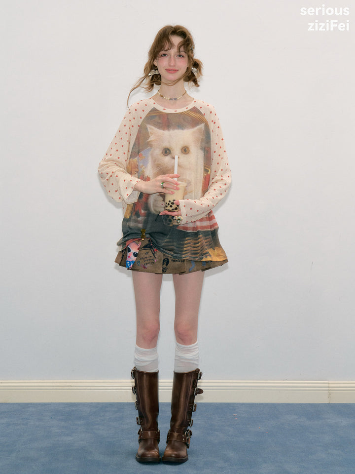 Bubble Tea Cat Graphic Raglan Tee