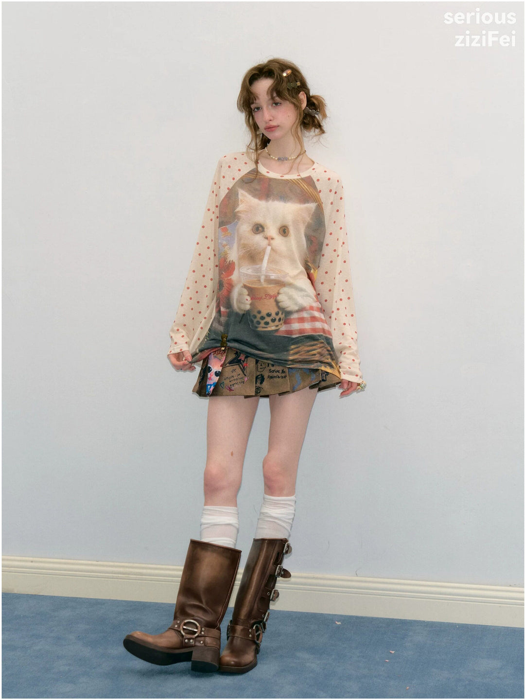 Bubble Tea Cat Graphic Raglan Tee