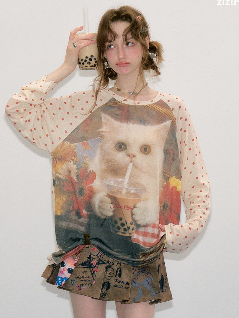 Bubble Tea Cat Graphic Raglan Tee