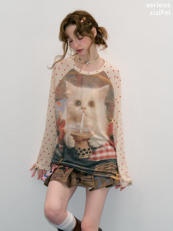 Bubble Tea Cat Graphic Raglan Tee