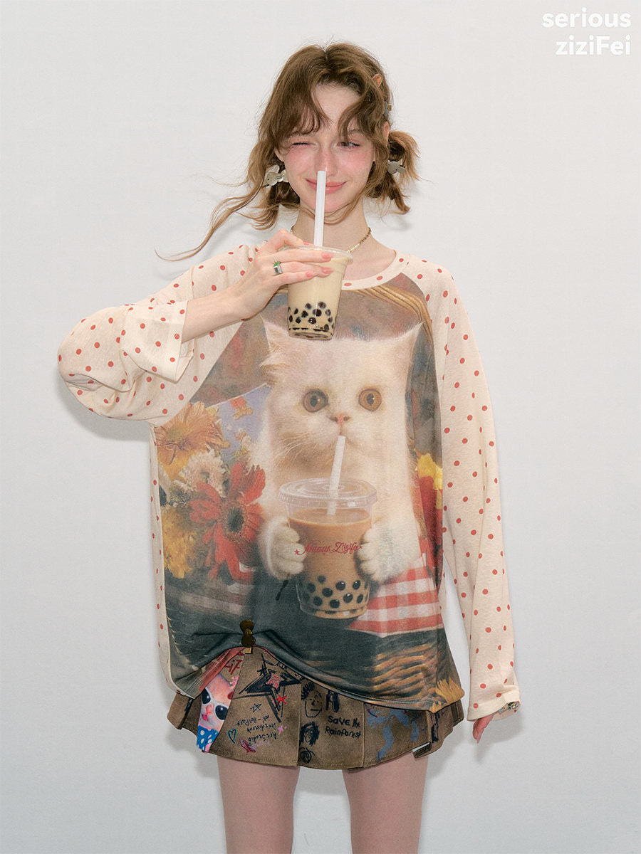 Bubble Tea Cat Graphic Raglan Tee