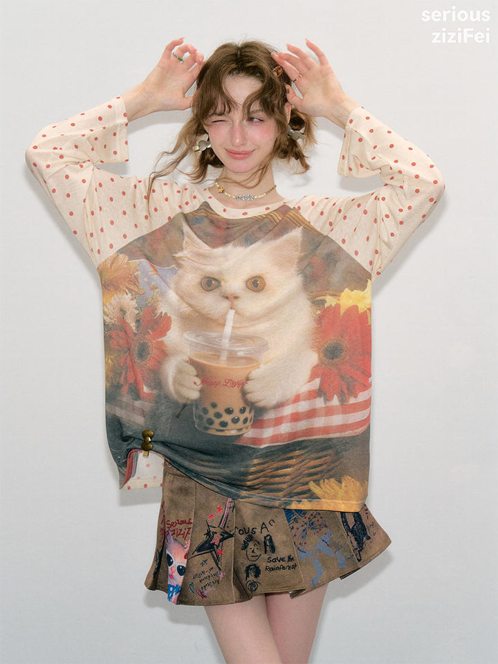 Bubble Tea Cat Graphic Raglan Tee