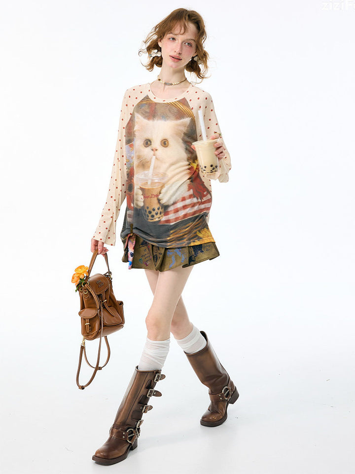 Bubble Tea Cat Graphic Raglan Tee