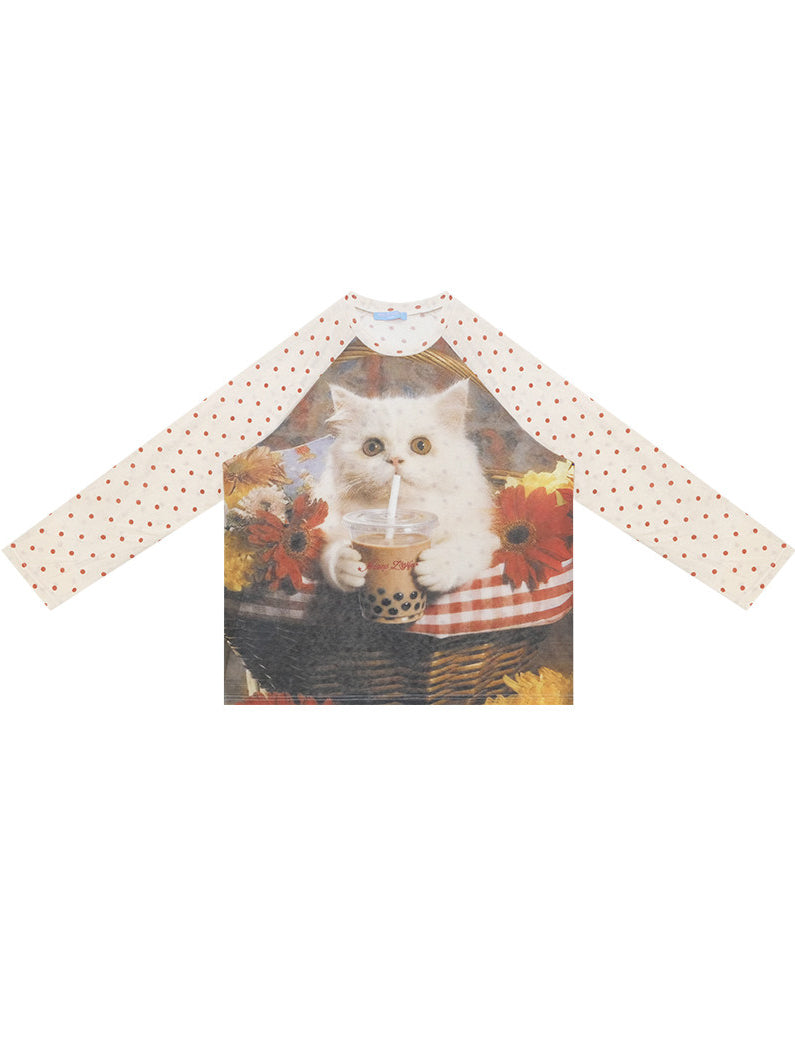 Bubble Tea Cat Graphic Raglan Tee