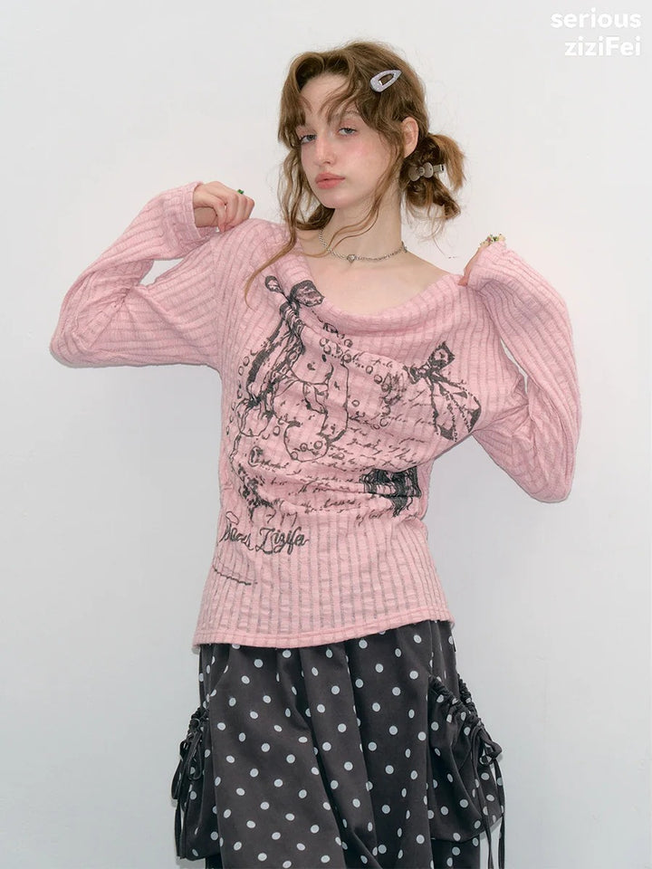 Graffiti Bunny Cowl Neck Knit Top
