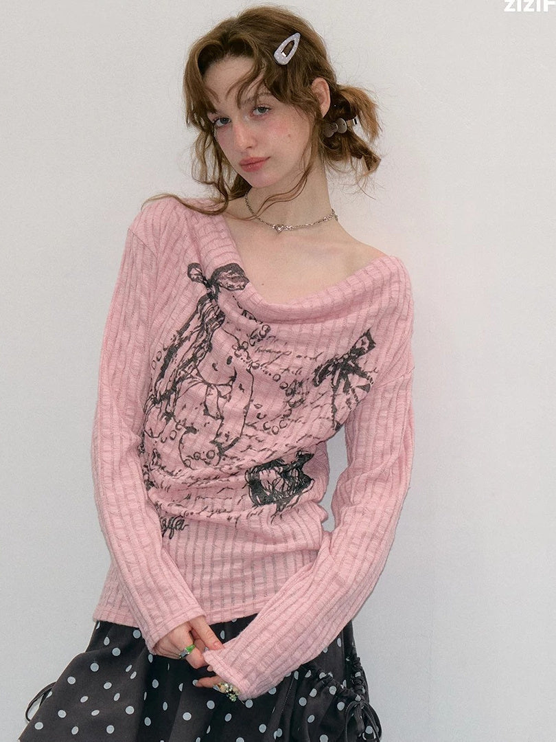 Graffiti Bunny Cowl Neck Knit Top
