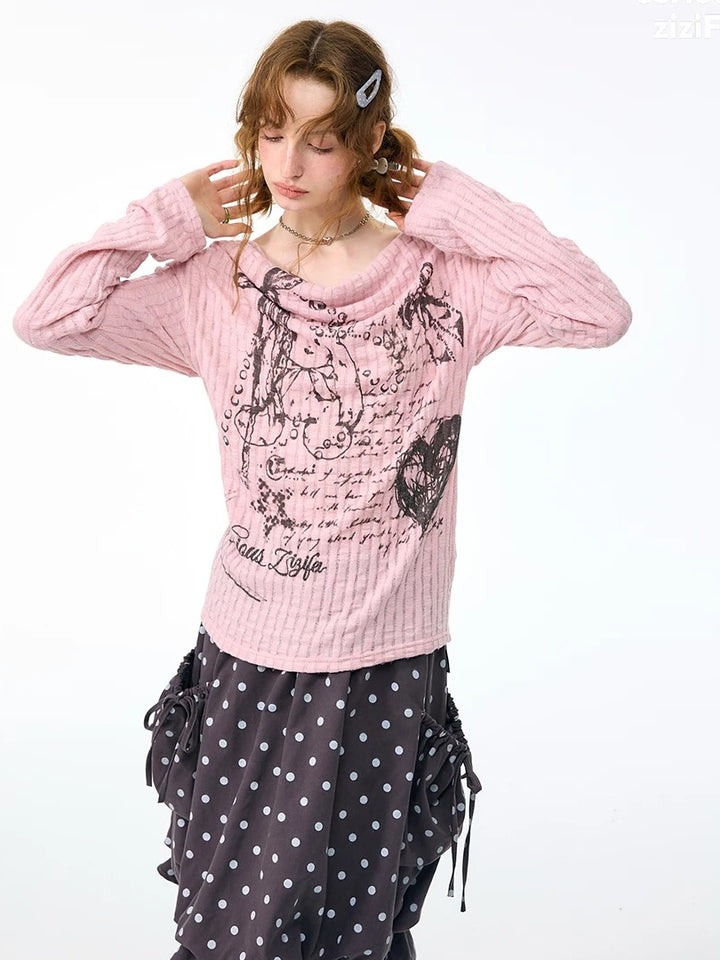 Graffiti Bunny Cowl Neck Knit Top