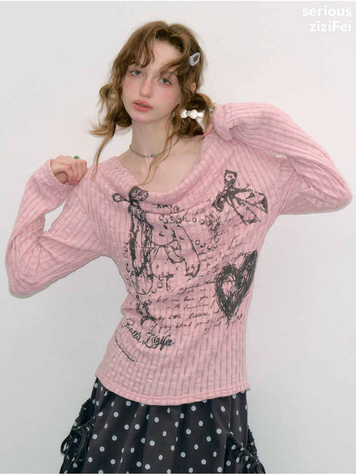 Graffiti Bunny Cowl Neck Knit Top