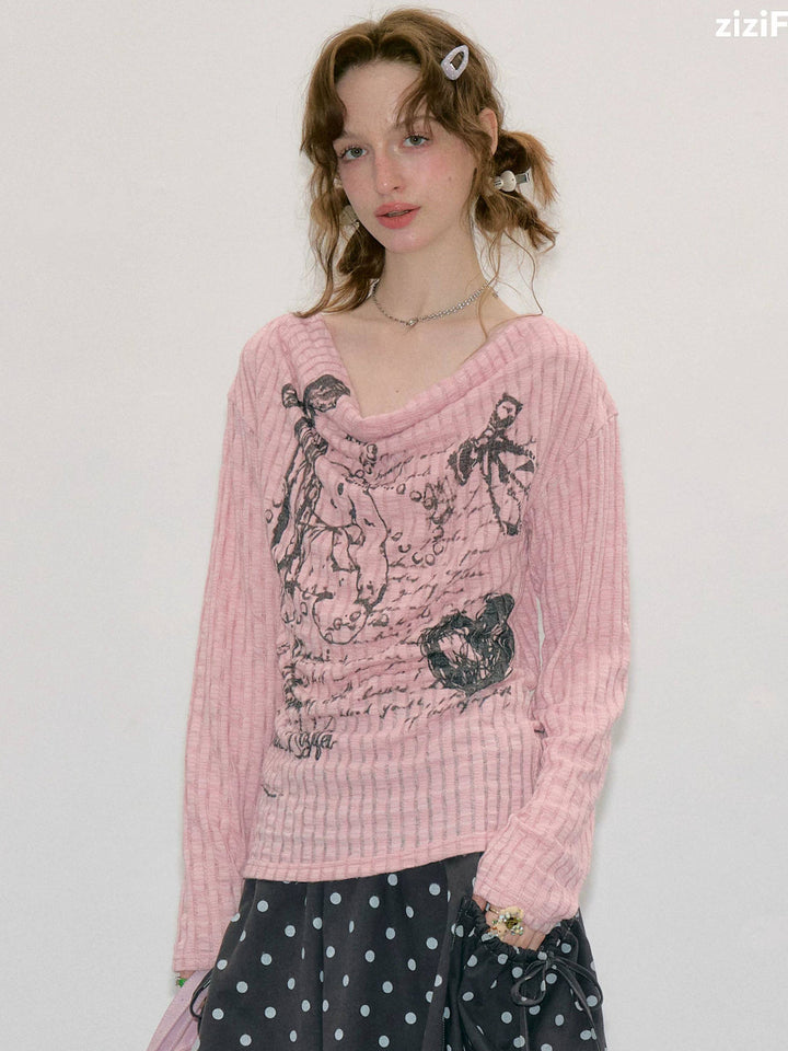 Graffiti Bunny Cowl Neck Knit Top