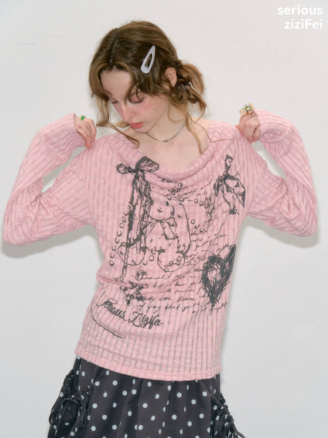 Graffiti Bunny Cowl Neck Knit Top