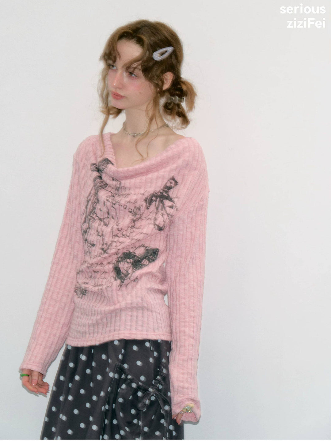 Graffiti Bunny Cowl Neck Knit Top