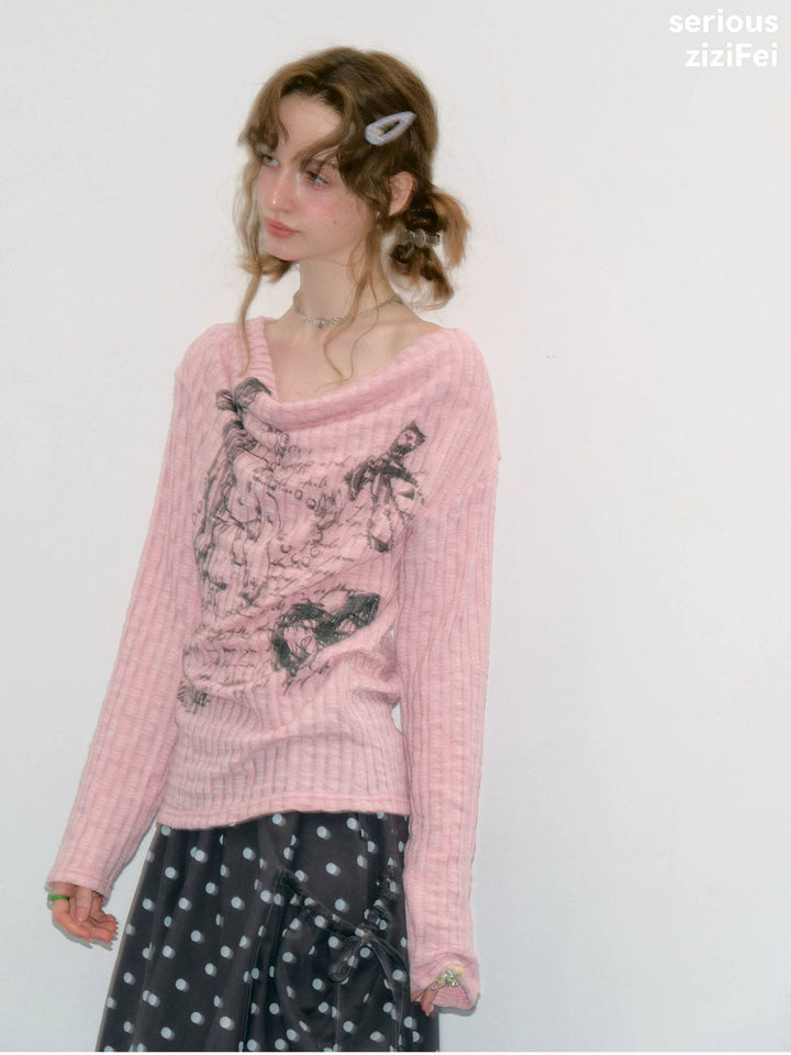 Graffiti Bunny Cowl Neck Knit Top