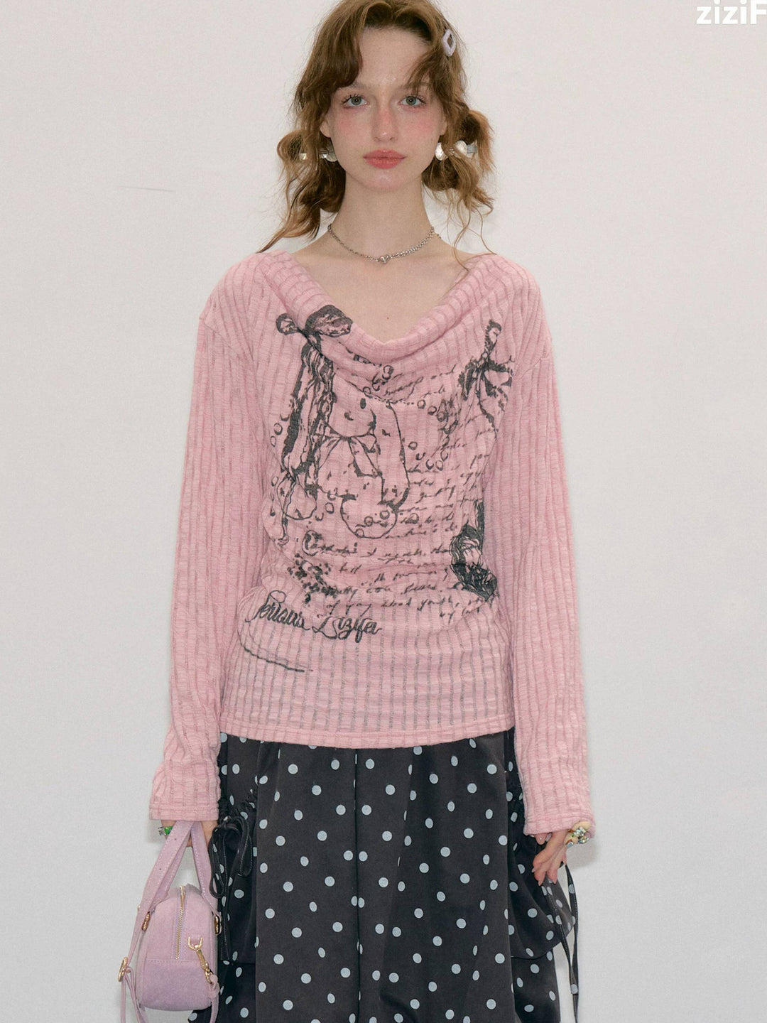 Graffiti Bunny Cowl Neck Knit Top