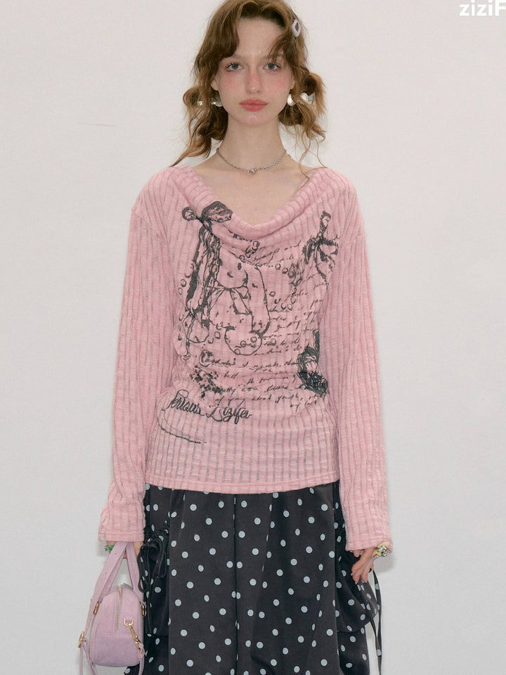 Graffiti Bunny Cowl Neck Knit Top