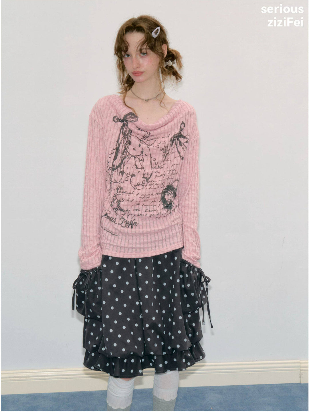 Graffiti Bunny Cowl Neck Knit Top
