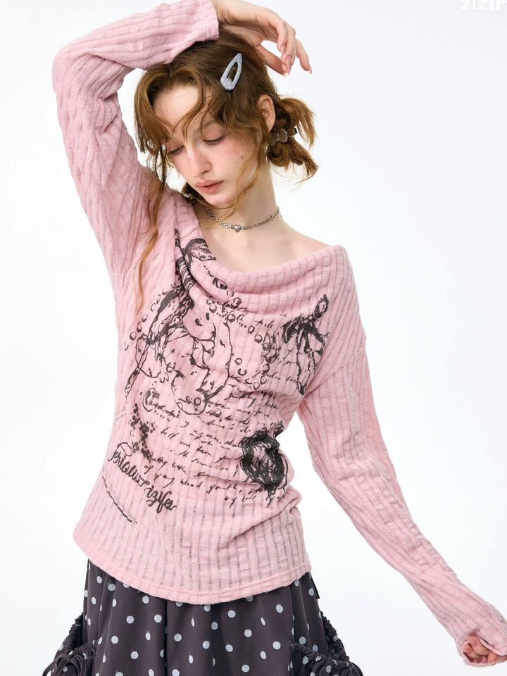 Graffiti Bunny Cowl Neck Knit Top