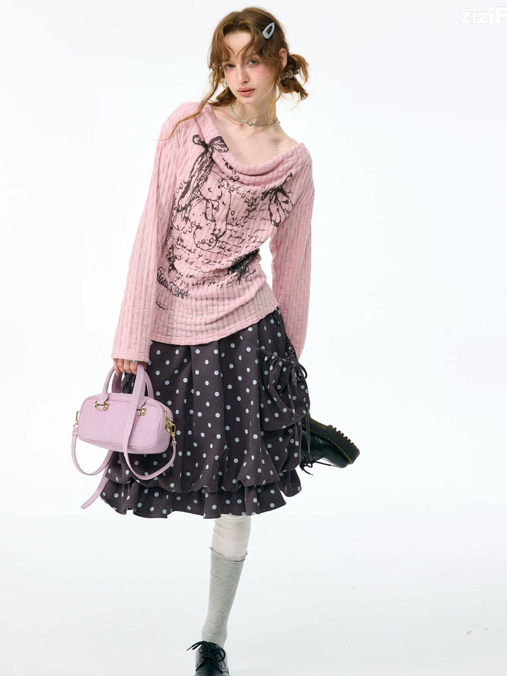Graffiti Bunny Cowl Neck Knit Top