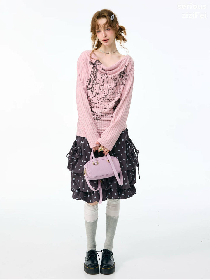 Graffiti Bunny Cowl Neck Knit Top
