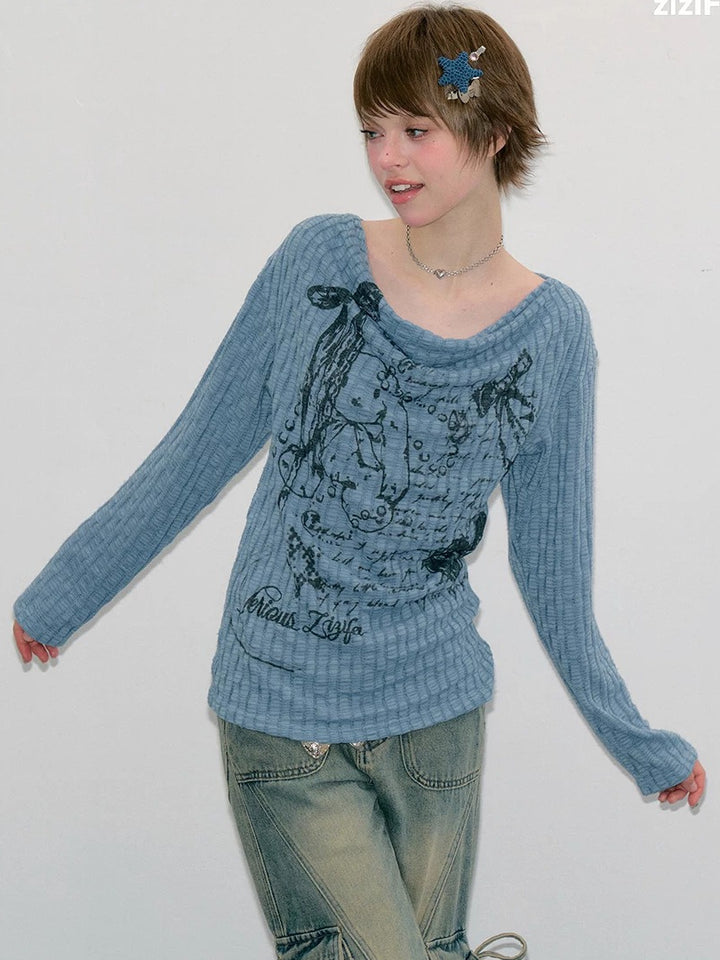 Y2K Bunny Graphic Cowl Neck Sweater