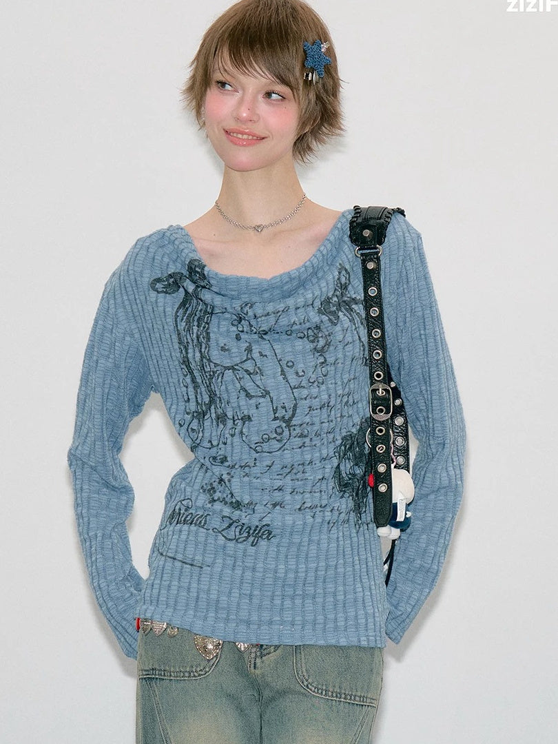 Y2K Bunny Graphic Cowl Neck Sweater