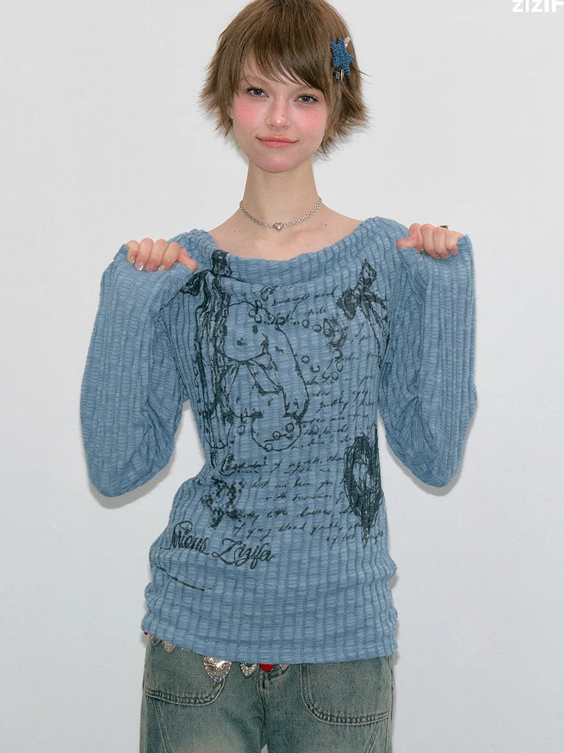 Y2K Bunny Graphic Cowl Neck Sweater