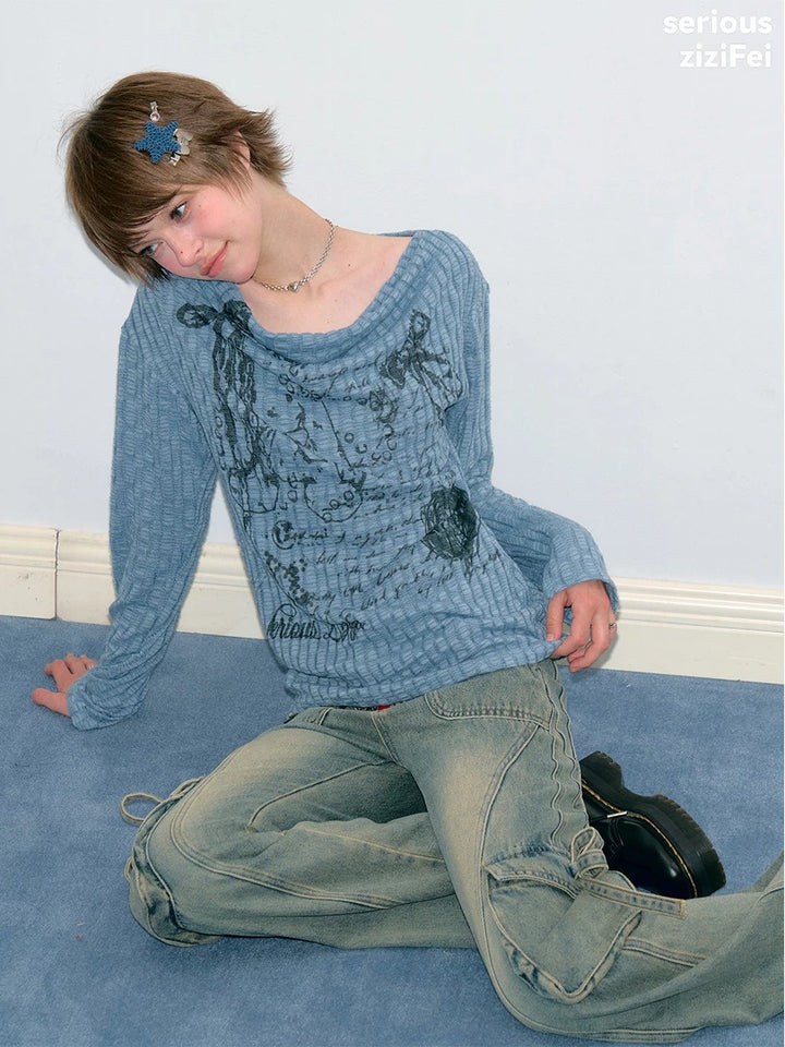 Y2K Bunny Graphic Cowl Neck Sweater