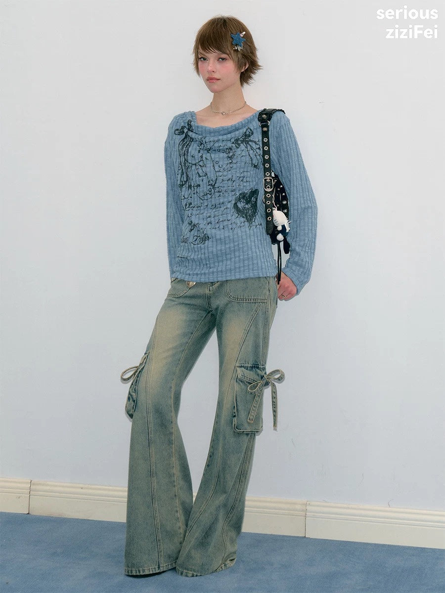 Y2K Bunny Graphic Cowl Neck Sweater
