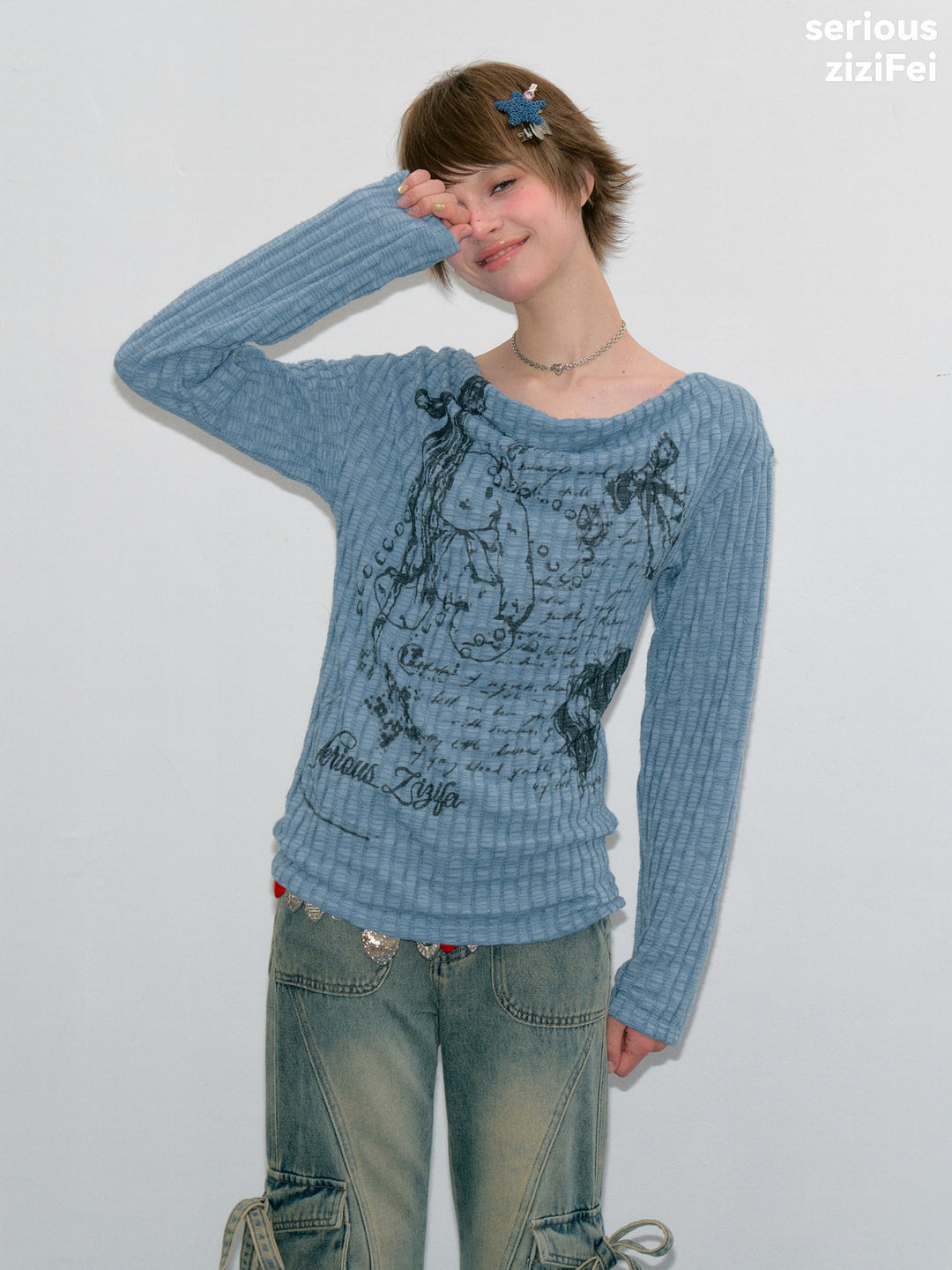Y2K Bunny Graphic Cowl Neck Sweater