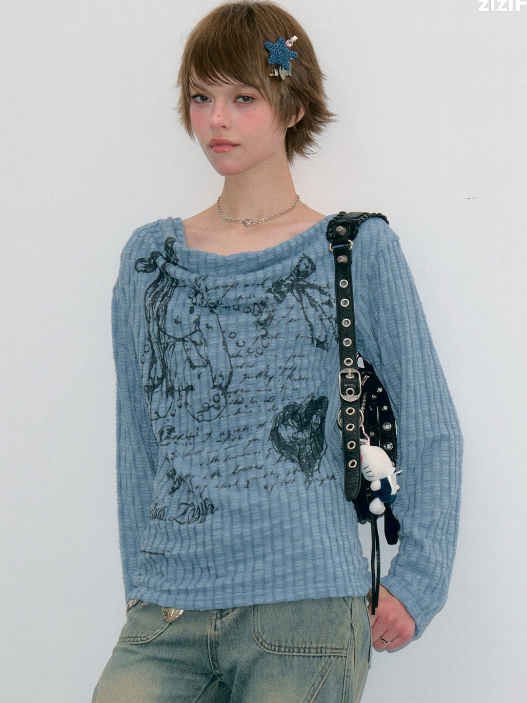 Y2K Bunny Graphic Cowl Neck Sweater