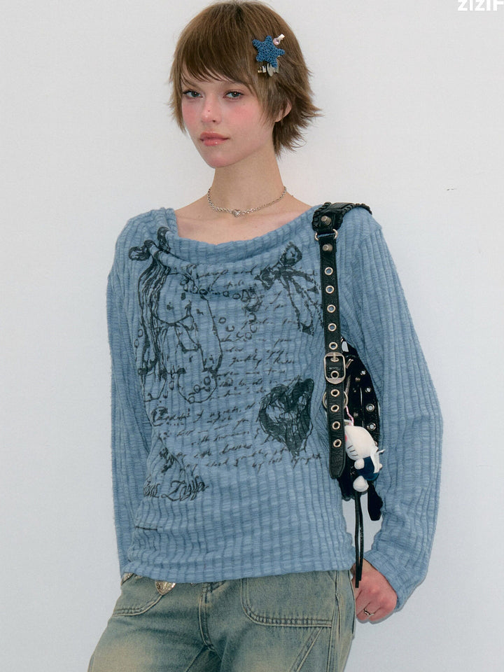 Y2K Bunny Graphic Cowl Neck Sweater