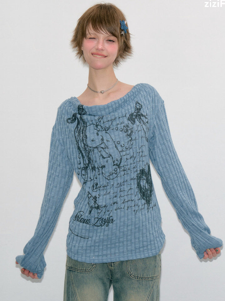 Y2K Bunny Graphic Cowl Neck Sweater