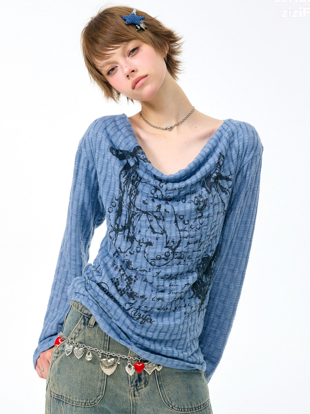 Y2K Bunny Graphic Cowl Neck Sweater