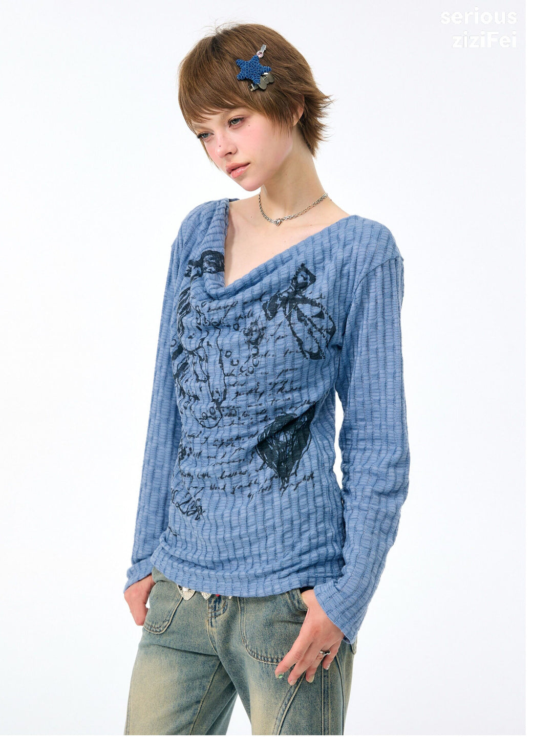 Y2K Bunny Graphic Cowl Neck Sweater
