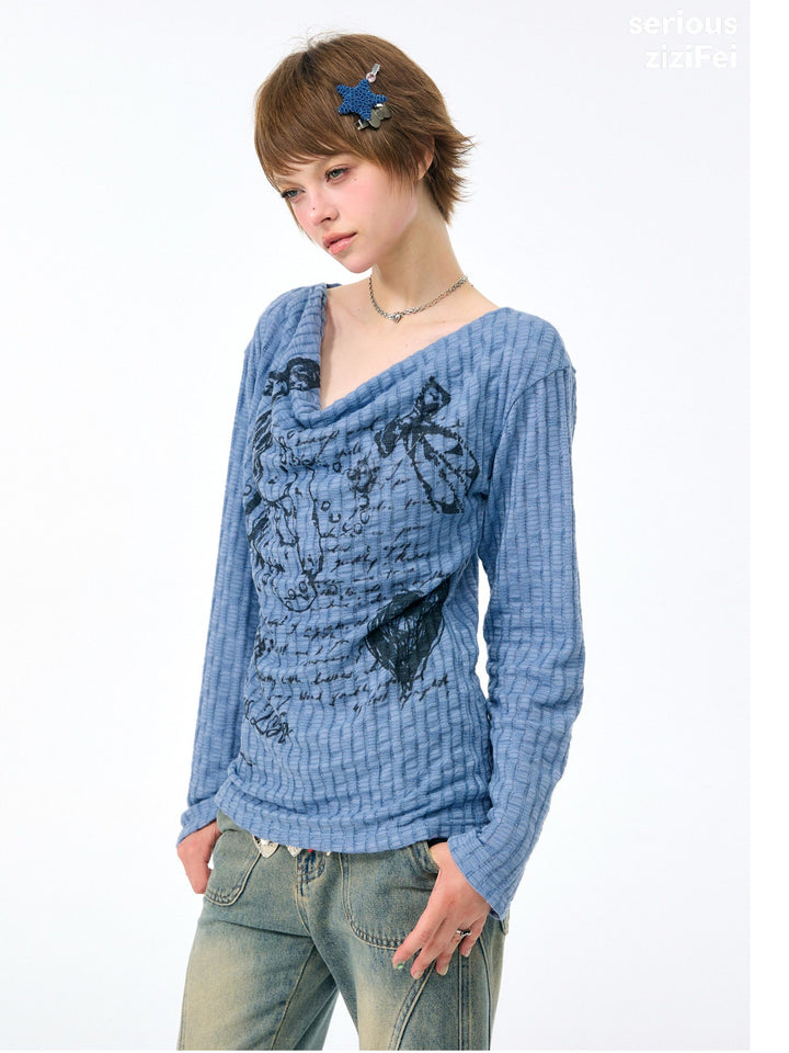 Y2K Bunny Graphic Cowl Neck Sweater