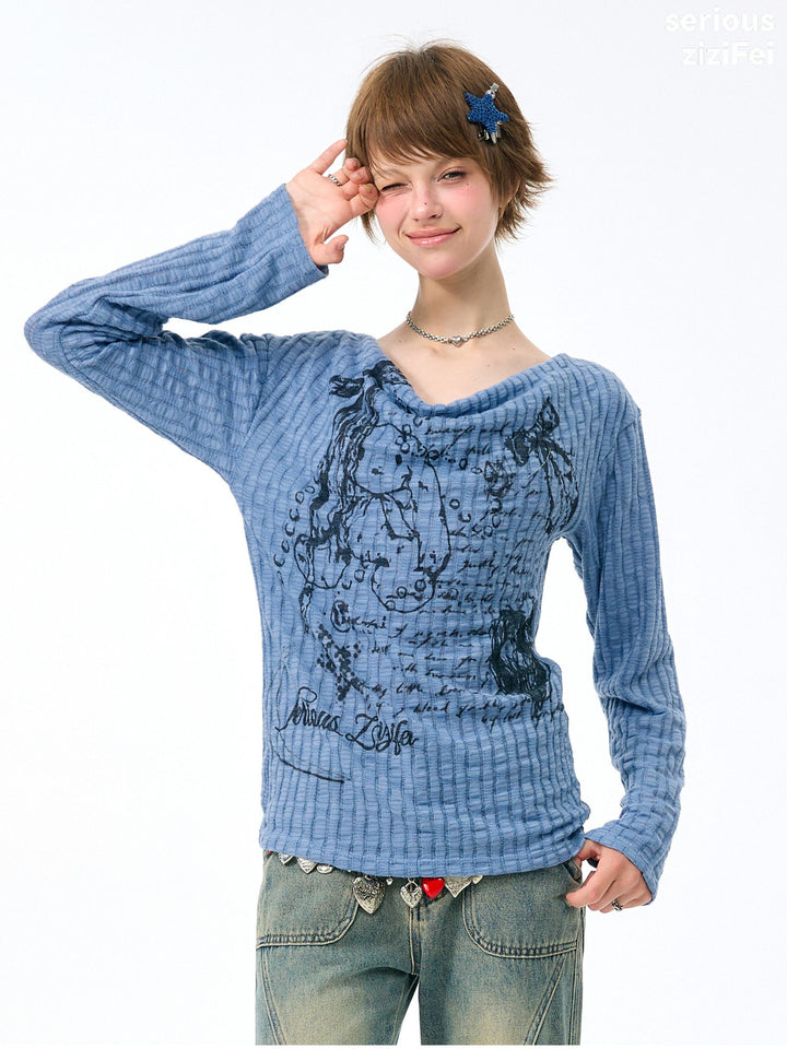 Y2K Bunny Graphic Cowl Neck Sweater
