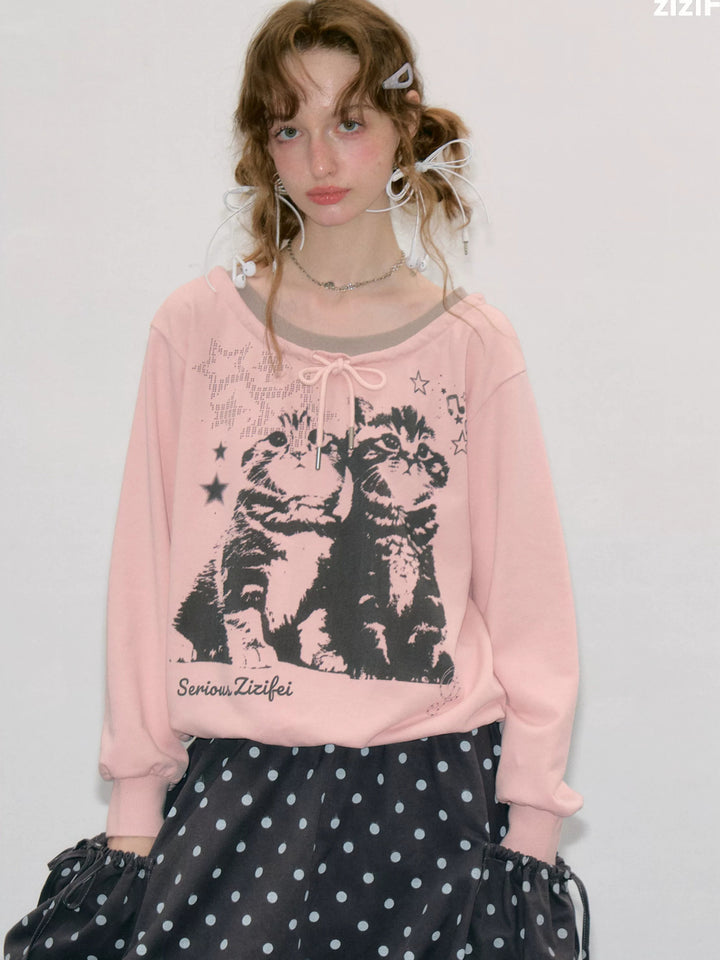 Retro Cat Graphic Tie-Neck Sweatshirt