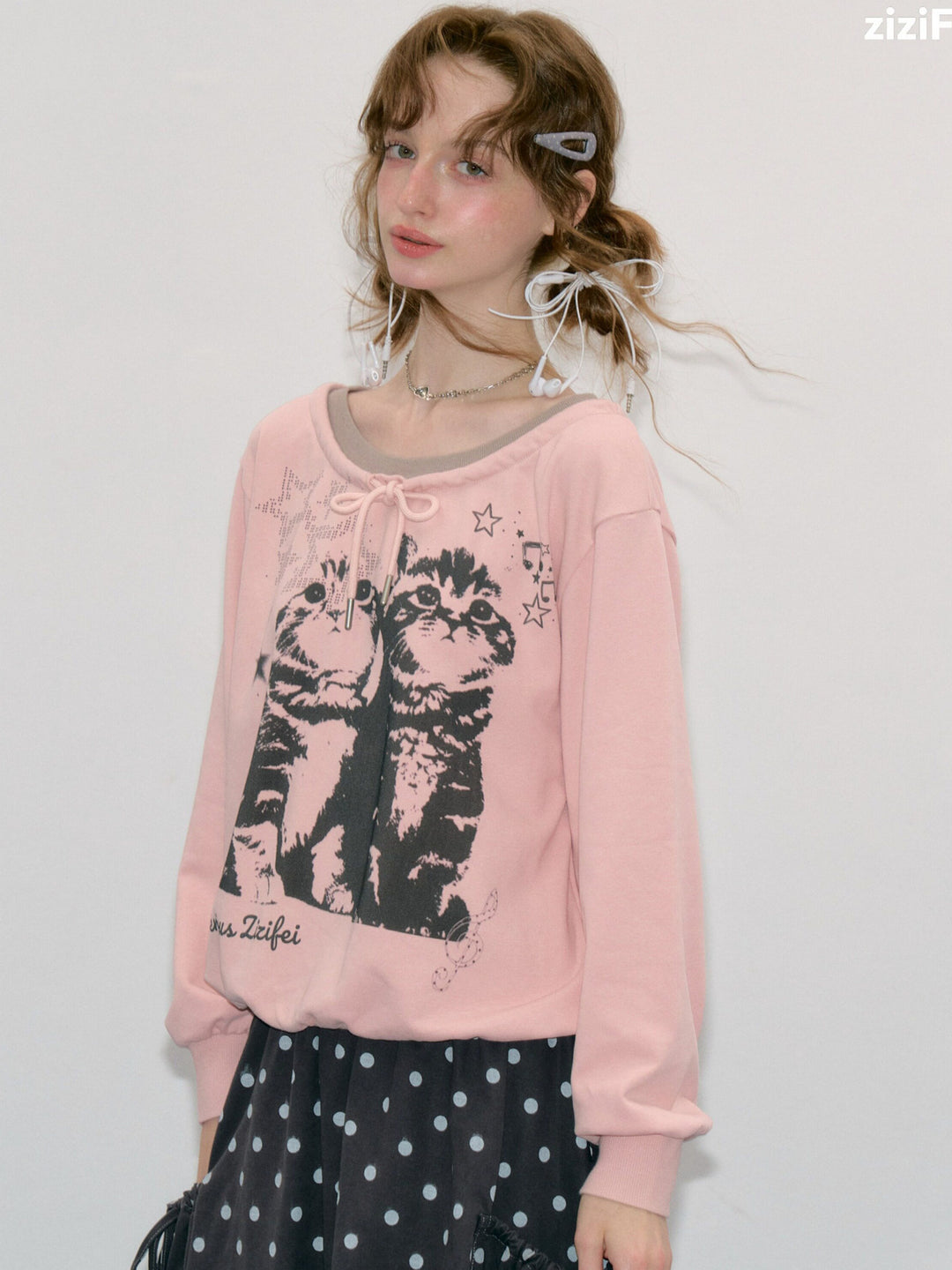 Retro Cat Graphic Tie-Neck Sweatshirt