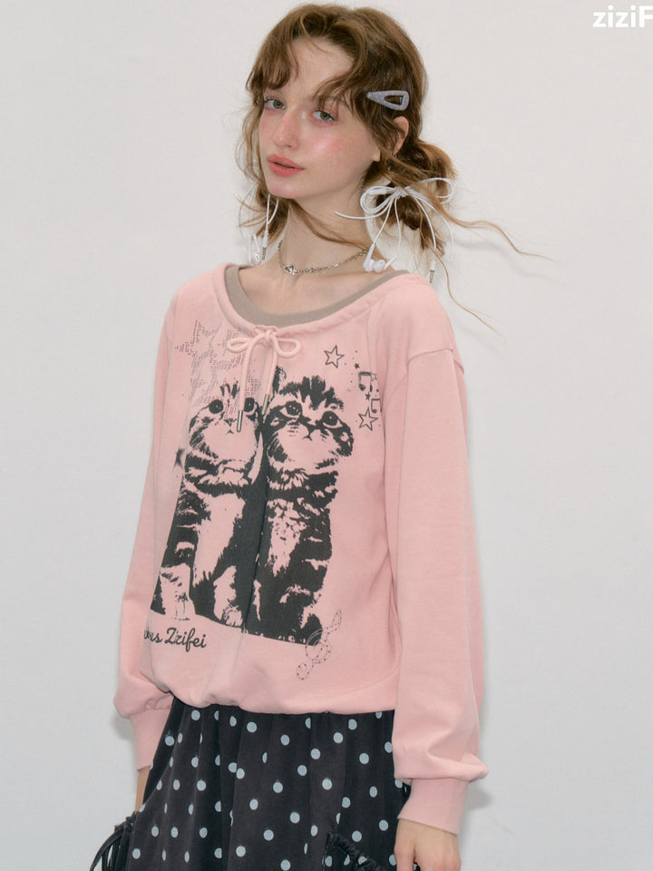 Retro Cat Graphic Tie-Neck Sweatshirt