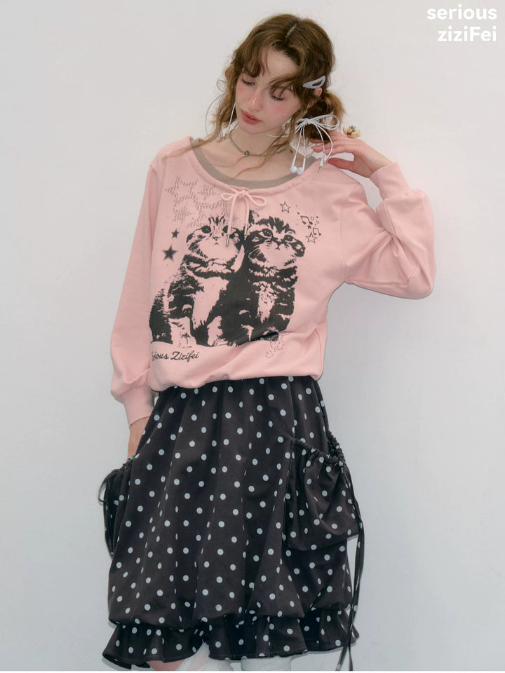Retro Cat Graphic Tie-Neck Sweatshirt