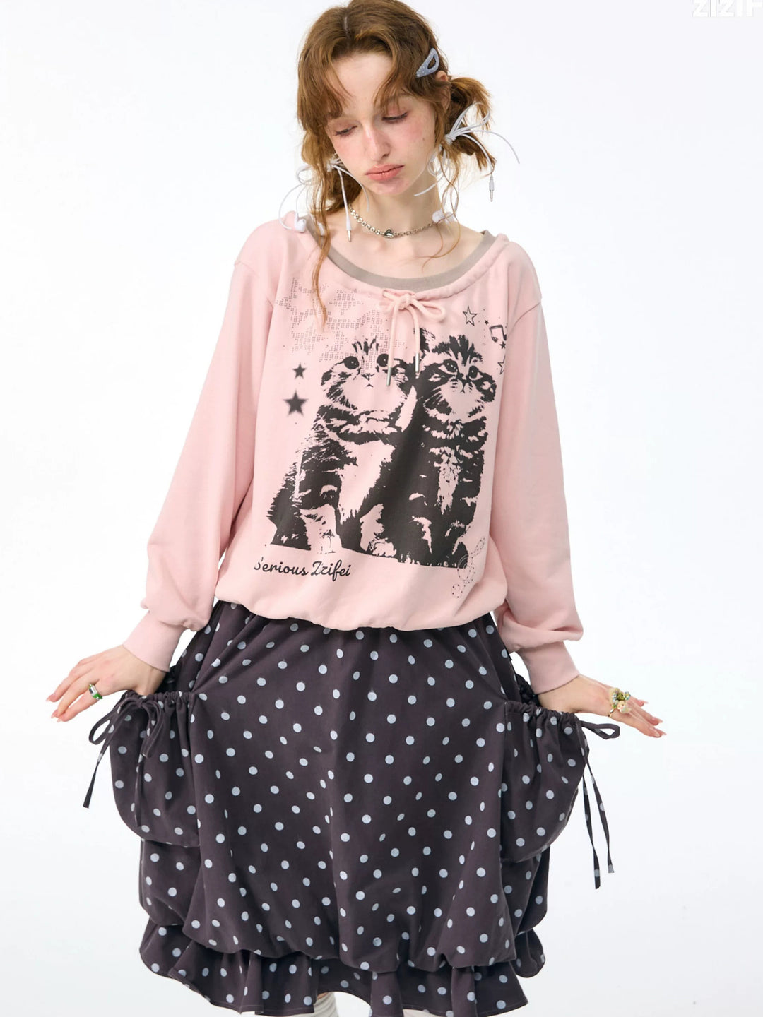 Retro Cat Graphic Tie-Neck Sweatshirt